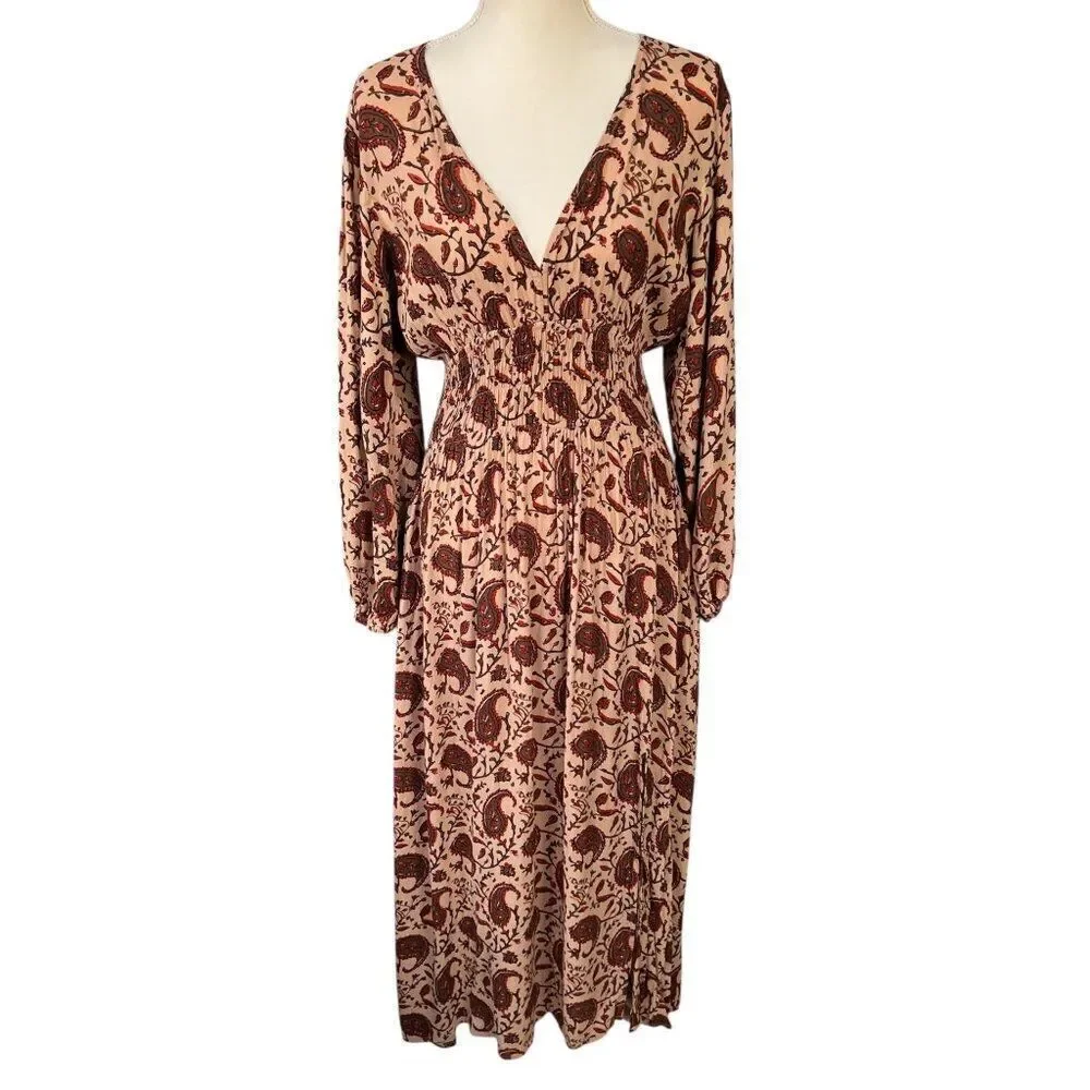 Anthropologie Lusana Paisley Printed Long Sleeve Slit Front Maxi Dress Size Med